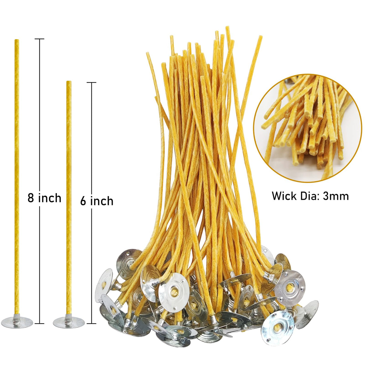 Nuozme 50 Pcs 6" Natural Candle Wicks,Pre-Waxed by 100% Beeswax & Tabbed with 60Pcs Candle Wick Stickers and 5 Pcs Wooden Candle Wick Centering Device, for Candle Making，Candle DIY Nuozme