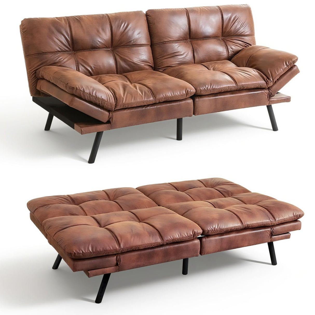 Vipbear 71" Futon Sofa Bed - Convertible Sofa Beds/Adjustable Backrest & Armrest, Comfy Loveseat Sleeper for Small Spaces, Apartments & Offices,Faux Leather Brown Futons Vipbear