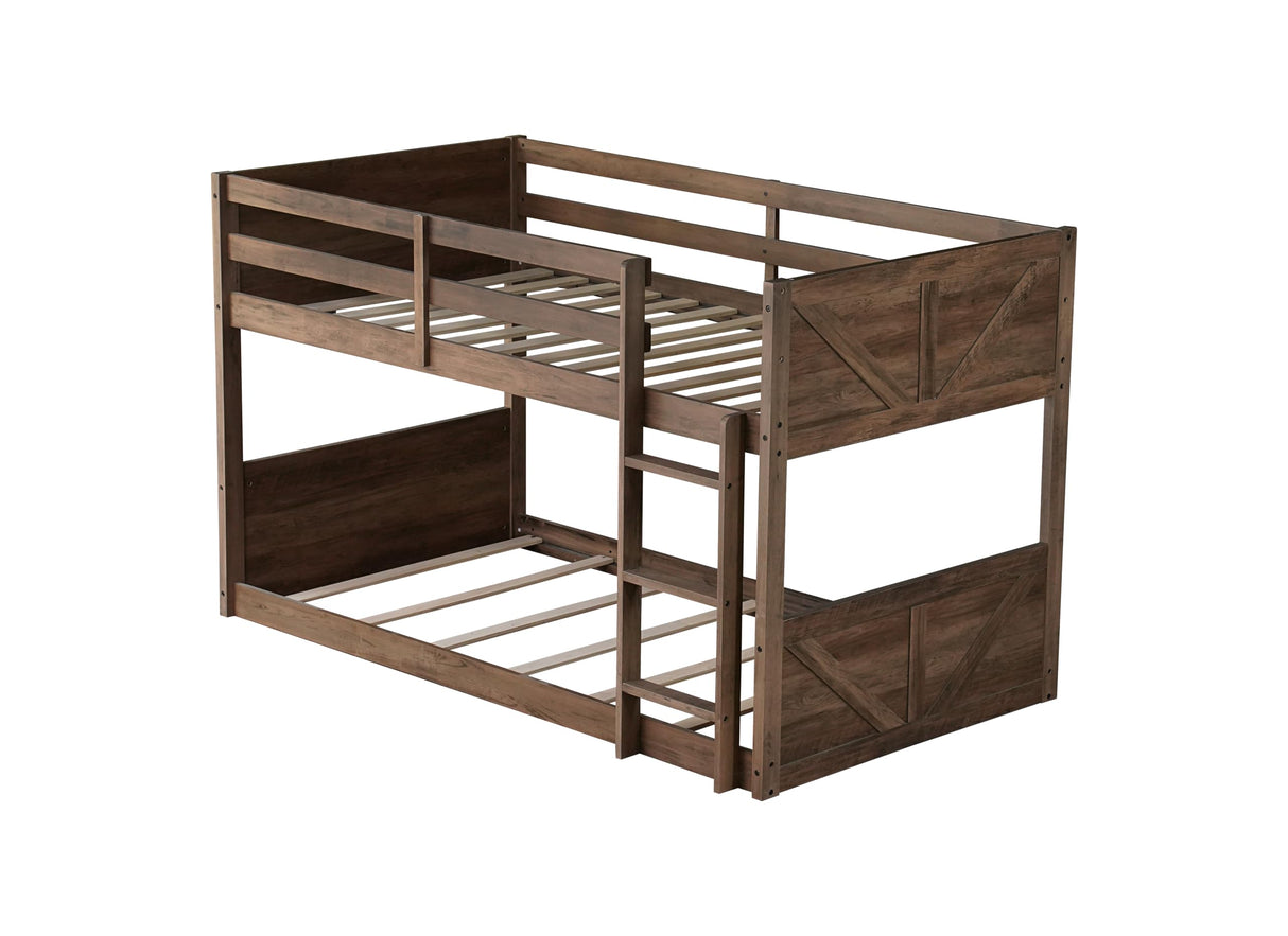 Twin Over Twin Low Bunk Beds with Rustic Headboard & Footboard – Solid Rubber Wood Floor Bunk Bed Frame, No Box Spring Needed, Perfect Small Bunked Frames for Kids, Teens, Boys Girls, Antique Oak Mirightone