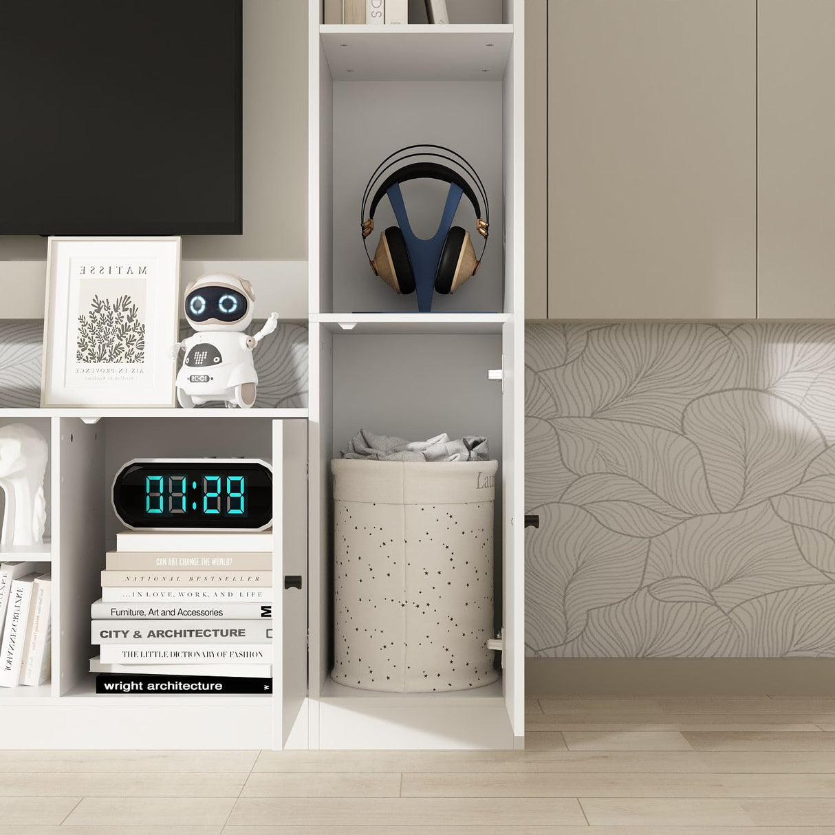 TAMUNE Entertainment Center with Bookshelves Modern Media Center with Open Shelves & Bridge TV Wall Unit with Doors, for Living Room White (81.1”W x 11.8”D x 70.9”H) TAMUNE