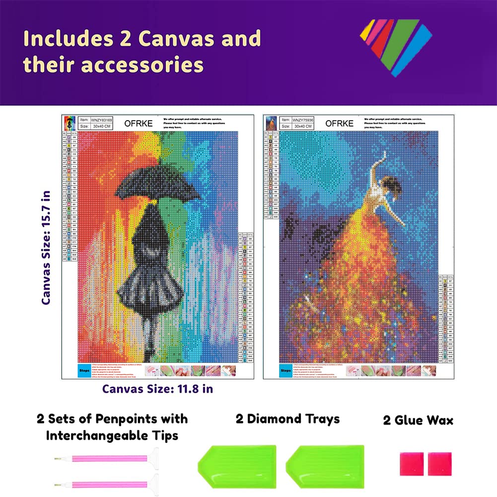 2-Piece DIY 5D Diamond Art Set for Adults or Children, Full Diamond Painting Set with the Theme of Girls Dancing with Stars and Girls in the Rain, Perfect Art Crafts for Home Wall Decoration 12"x16" OFRKE