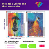 2-Piece DIY 5D Diamond Art Set for Adults or Children, Full Diamond Painting Set with the Theme of Girls Dancing with Stars and Girls in the Rain, Perfect Art Crafts for Home Wall Decoration 12"x16" OFRKE