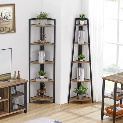 FATORRI Tall Corner Shelf, Industrial Corner Bookshelf, Wood and Metal Corner Shelf Stand for Living Room, Farmhouse Pictures Display Stand for Corner Space (Rustic Oak)