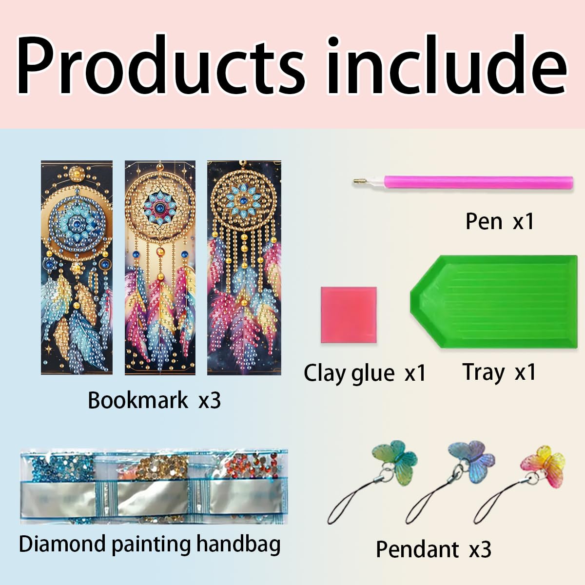 F-CANLAN 3 Pieces Acrylic Dream Catcher Diamond Painting Bookmark with Tassels, Feather Diamond Art Book Marks, Special-Shaped Diamond Painting Bookmark Arts Crafts Kit for Beginner Book Lover F-CANLAN