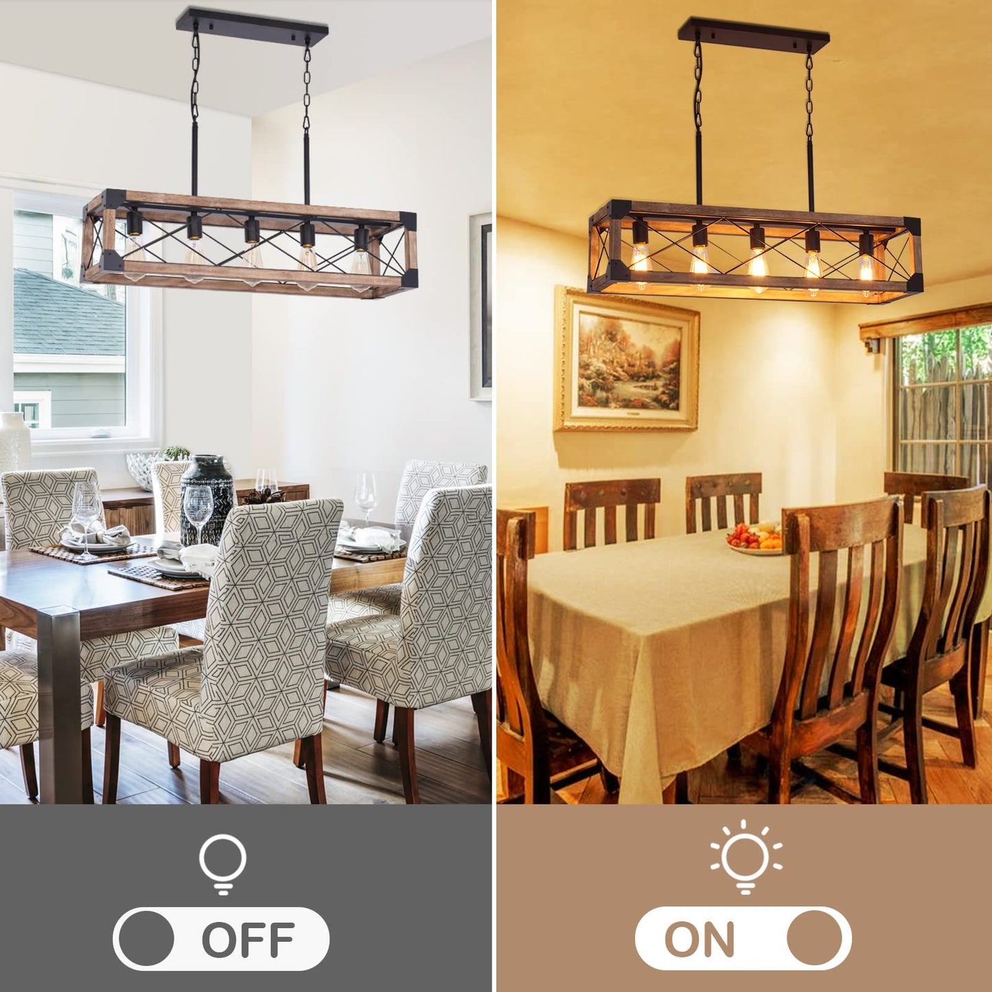 Bribyit Farmhouse Kitchen Island Lighting, 5-Light Dining Room Light Fixture, Farmhouse Linear Chandelier with Solid Wood for Dining Room Kitchen Bar Pool Table - WoodArtSupply