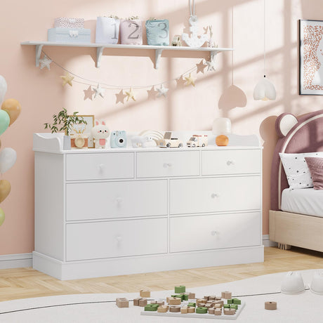 Vabches Kids Dresser Cabinet with 7 Drawers and Large Table Top, Multi-Functional Chest of Drawers, Baby Dresser, Kids Bedroom Furniture, Nightstand for Child’s Room, White Vabches