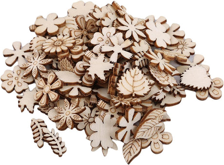 100 Pcs Unfinished Wooden Flower Wood Slice Leaf Pattern Wood Cutouts Wood Pieces Mini Wooden Handmade Crafts Decoration, Craft Supplies Sluswallow