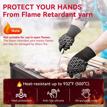 HandLove BBQ Gloves - Heat Resistant Grilling, Oven Gloves for Culinary Experts - Extreme Fireproof Protection, Silicone Grip, Long Cuff Mitts - Kitchen & Outdoor Barbecue, Cooking, Baking, Black, L