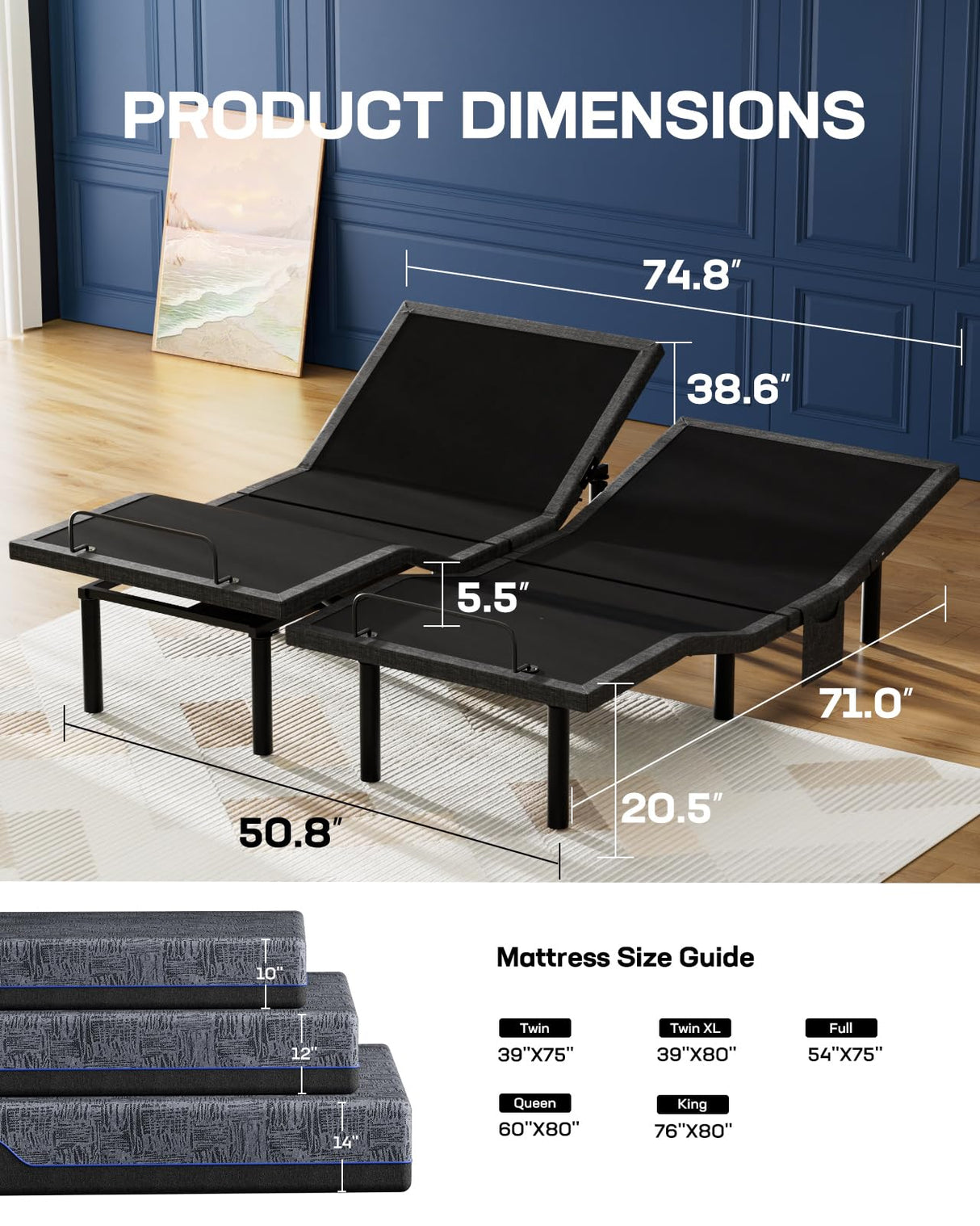 Marsail NS1 Split King Adjustable Bed Base with Massage- Smart Dual Motor Bed Frame with Wireless Remote, 3-Min Assembly, 4 USB Ports, Zero Gravity & Anti-Snore Mode Marsail