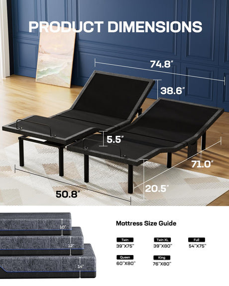 Marsail NS1 Split King Adjustable Bed Base with Massage- Smart Dual Motor Bed Frame with Wireless Remote, 3-Min Assembly, 4 USB Ports, Zero Gravity & Anti-Snore Mode Marsail