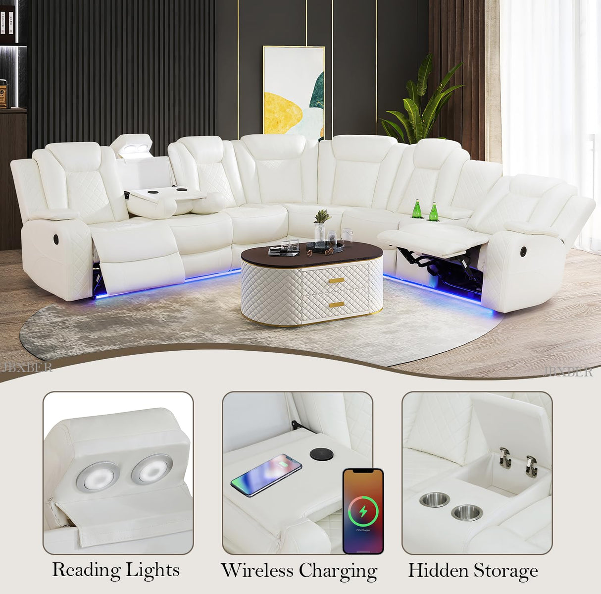 JBXBER Power Recliner Sectional Sofa Set, White Leather Sectional Couch for Living Room, L Shape Reclining Sofa with Led Lights, Cup Holder, Pull-Down Table for Home/Office(6 Seat) JBXBER
