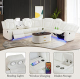 JBXBER Power Recliner Sectional Sofa Set, White Leather Sectional Couch for Living Room, L Shape Reclining Sofa with Led Lights, Cup Holder, Pull-Down Table for Home/Office(6 Seat) JBXBER