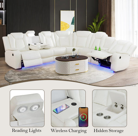 JBXBER Power Recliner Sectional Sofa Set, White Leather Sectional Couch for Living Room, L Shape Reclining Sofa with Led Lights, Cup Holder, Pull-Down Table for Home/Office(6 Seat) JBXBER