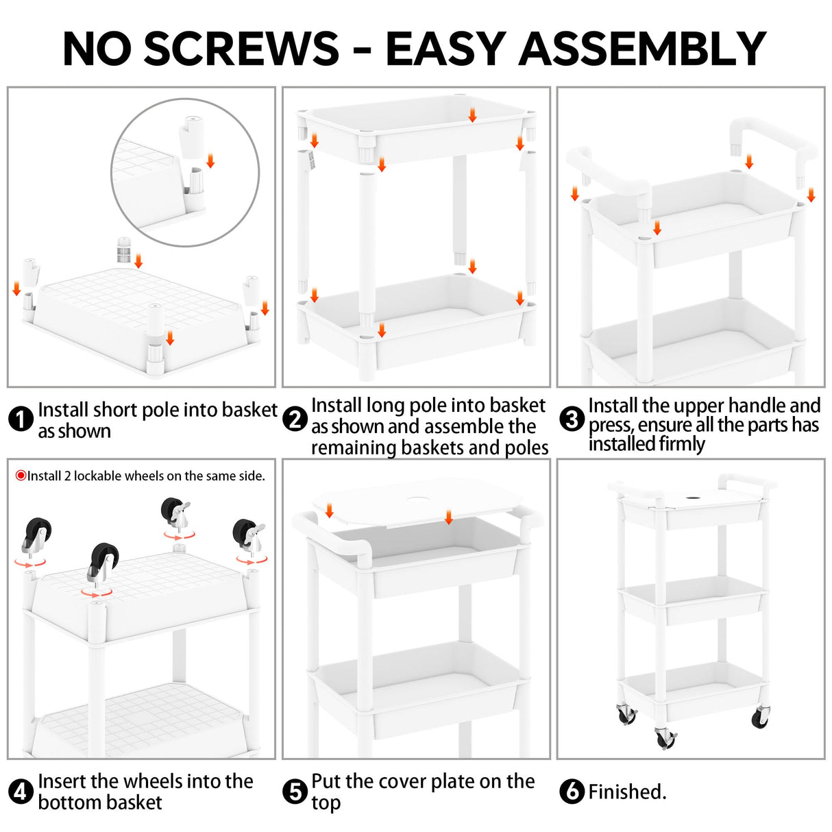 Steehoom 3-Tier Utility Rolling Cart with Cover Top Board, Mobile Utility Cart with Lockable Casters Multi-Functional Storage Trolley for Office, Bathroom, Kitchen, Garden, Laundry Room (White) Steehoom
