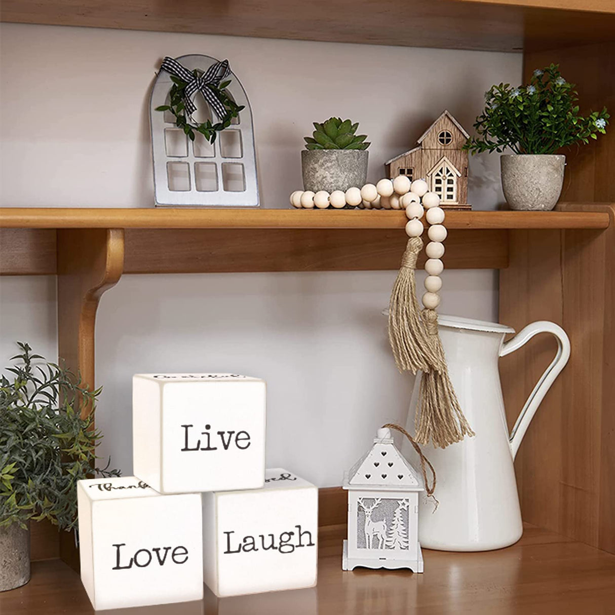 Airrioal Farmhouse Home Decorations for Living Room Decor,4-Sided Wooden Blocks Rustic Sign, Modern Farmhouse Decor for Shelf Tiered Tray Entryway Coffee Table Decor,2.8" Airrioal