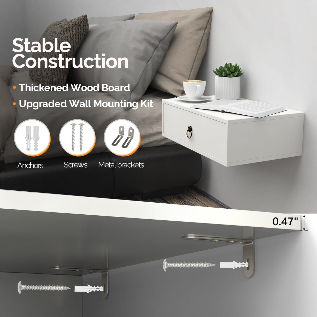 VINGLI Floating Nightstand with Drawer, Wood Floating Bedside Table, Wall Mounted Nightstand, Hanging Nightstand White for Bedroom, Floating Wood Night Stand/Side Table VINGLI