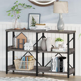 BON AUGURE Dark Grey Oak Industrial Sofa Console Table with 3 Tiers and Hooks BON AUGURE