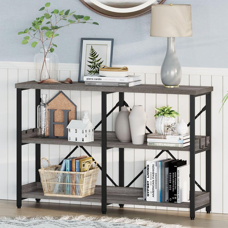 BON AUGURE Dark Grey Oak Industrial Sofa Console Table with 3 Tiers and Hooks BON AUGURE