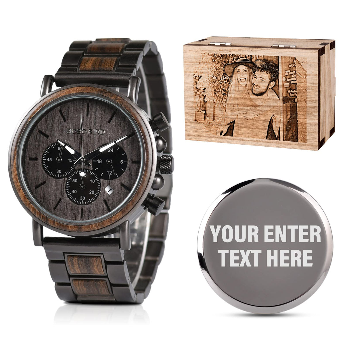 2win Engraved Wooden Watch for Men - Personalized with Custom Back Cover and Box Photo, Analog-Digital Display, Wood & Stainless Steel Band 2win