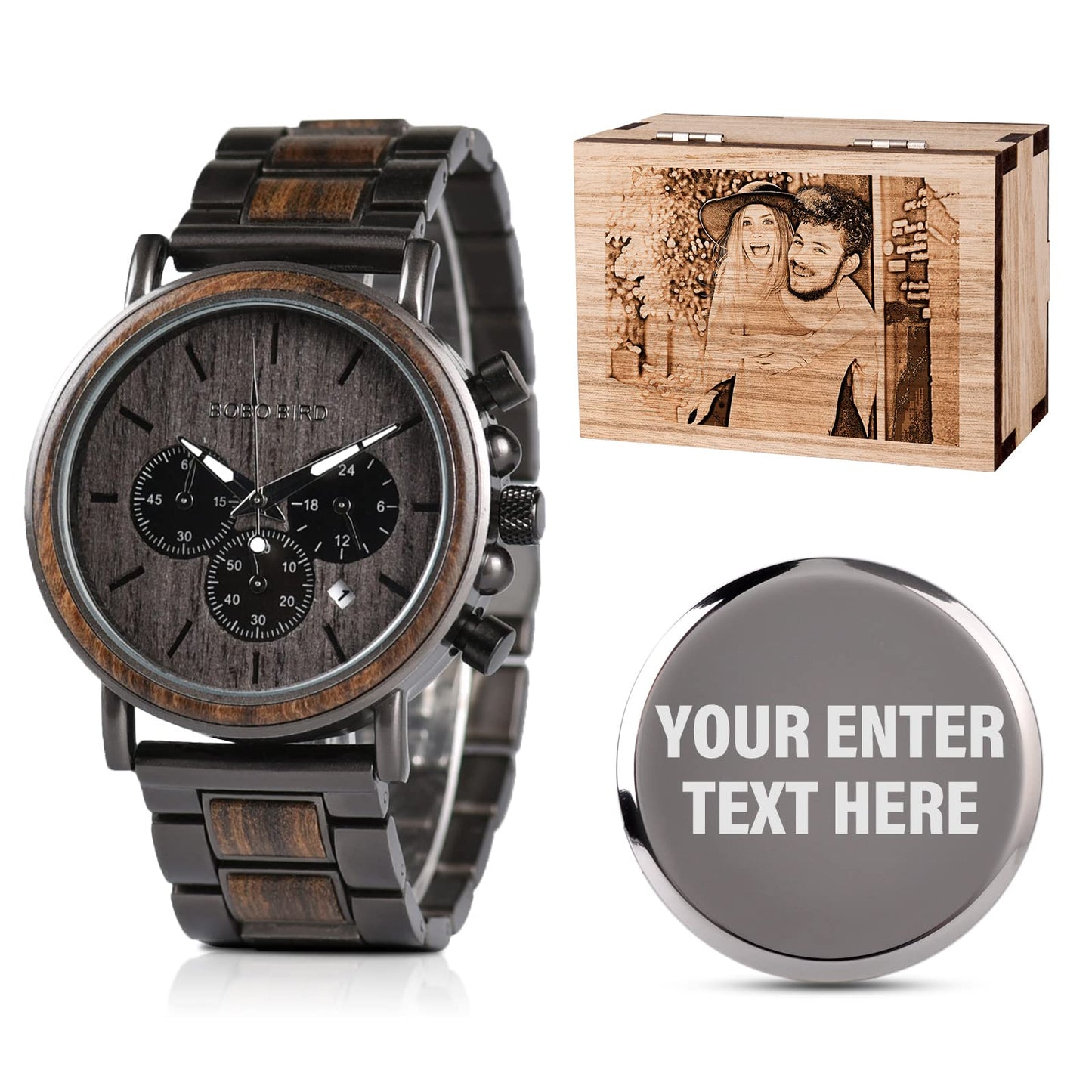 2win Engraved Wooden Watch for Men - Personalized with Custom Back Cover and Box Photo, Analog-Digital Display, Wood & Stainless Steel Band - WoodArtSupply