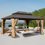 Domi 10'x14' Cedar Wood Gazebo with Double Roof Steel Hardtop,Solid Wood Frame Gazebo,Curtains and Netting Included for Garden, Backyard domi outdoor living