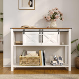 HXBOAUVS Farmhouse Entryway Table with LED Light, Sofa Table with Sliding Barn Door, Adjustable Open Shelves, 46" Rustic Console Table with Storage, Antique White Hallway for Living Room Bedroom HXBOAUVS