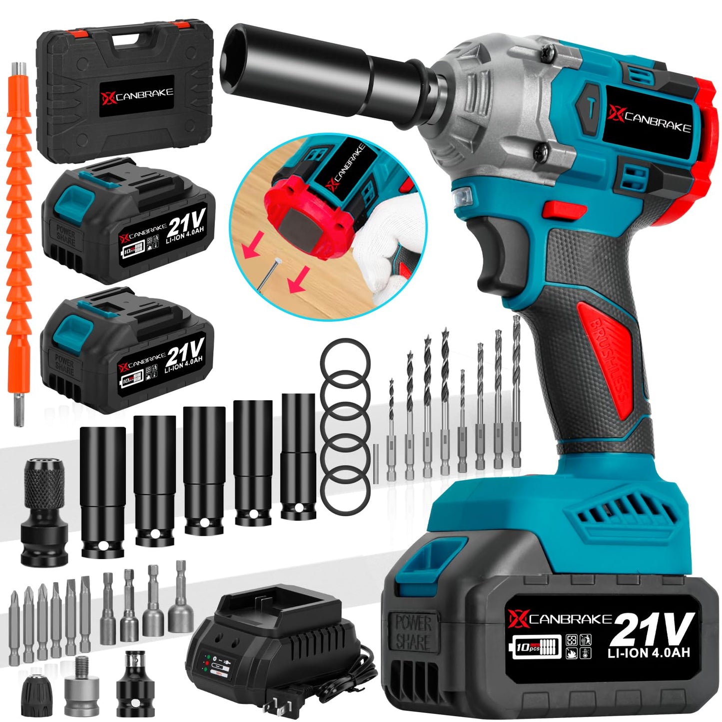 650N.m Cordless Impact Wrench with Hammer, 21V 1/2 Inch Compact Impact Gun with 2x4.0Ah Battery & Fast Charger, Sockets, Screw Drill, Converter, Brushless Pistola De Impacto for Household Car - WoodArtSupply