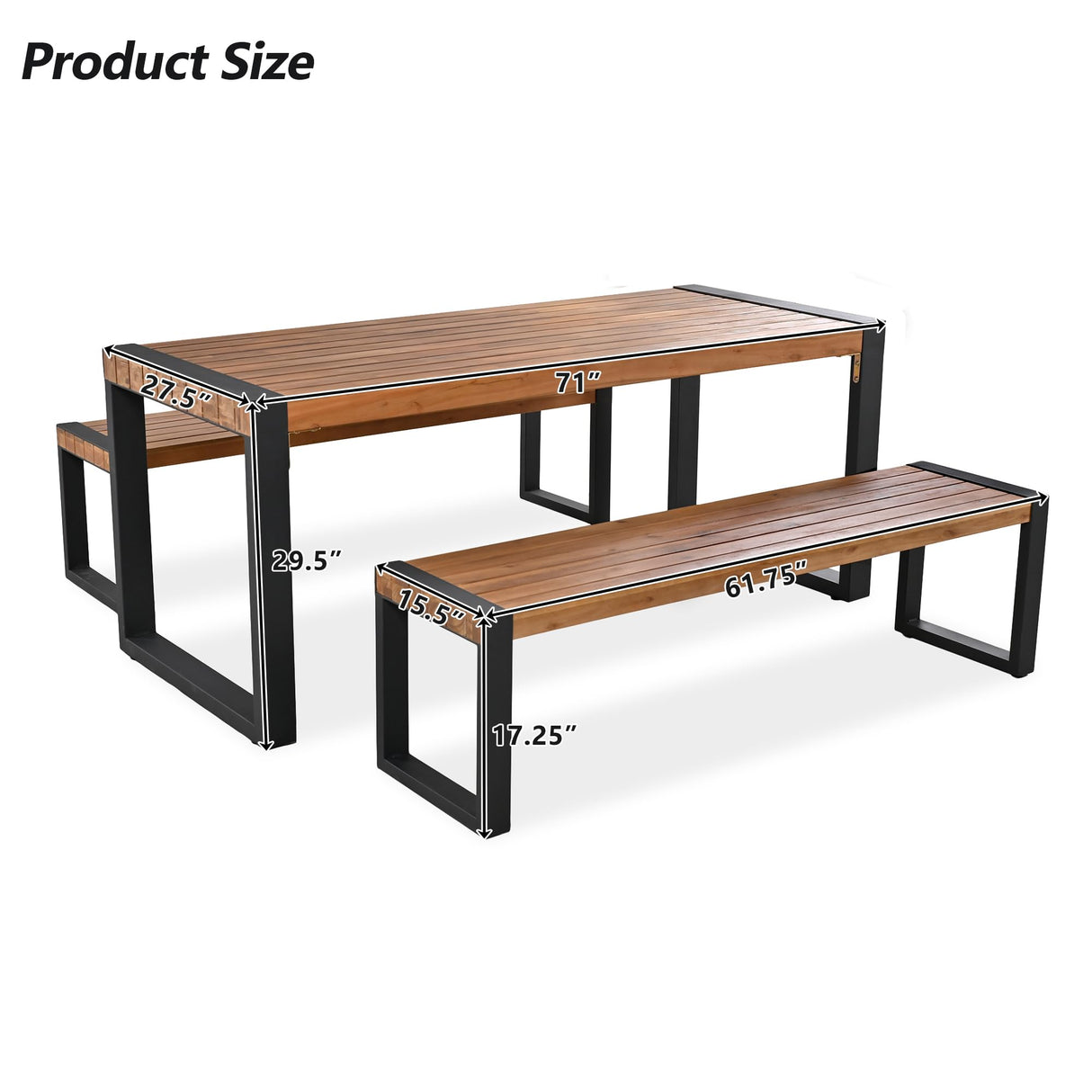 3 PC Outdoor Dining Set with 2 Benches, Acacia Wood Tabletop & Steel Frame, All-Weather Patio Furniture for Backyard, Garden, or Indoor Use, Natural pidock