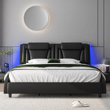 Keyluv Black Upholstered Queen Bed Frame with Adjustable LED Headboard and Wave Design Keyluv