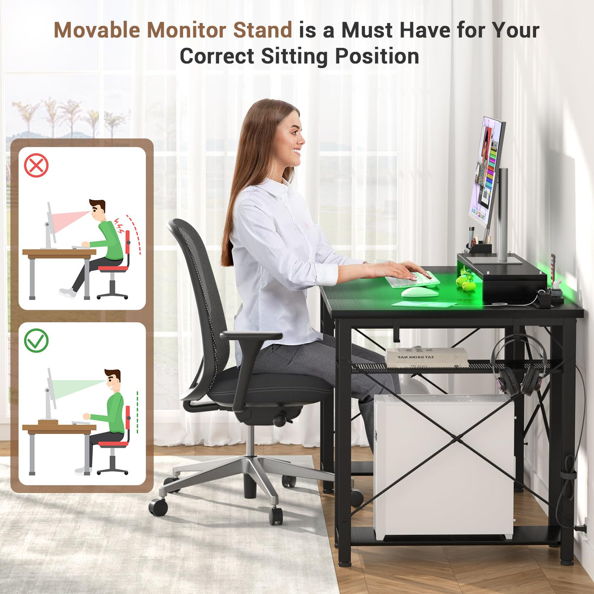 armocity Computer Desk with LED Lights, 48 Inch Reversible Large Desk with Power Outlet and USB, 48'' Gaming PC Table with Moveable Monitor Stand for Home Office, Workstation, Black armocity