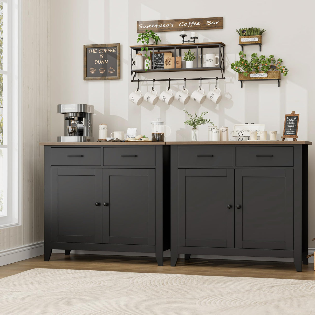 HORSTORS Kitchen Storage Cabinet, Modern Farmhouse Buffet Cabinet with Storage, Coffee Bar with 2 Drawers and 2 Doors, Floor Sideboard Buffet for Living Room, Dining Room, Bathroom, Black/Rustic Brown HORSTORS