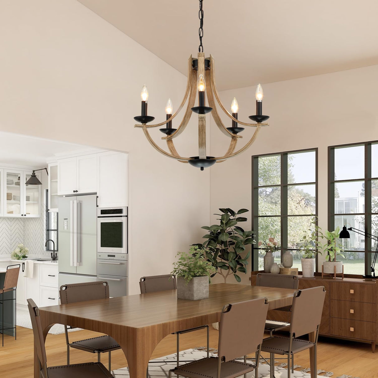 LAMPKEDUO Farmhouse Chandeliers for Dining Room Light Fixture, 5-Light 24 inch Faux Wood Texture Hanging Lighting Fixtures, Rustic Candle Chandeliers for Living Room Kitchen Island Foyer Entryway LAMPKEDUO