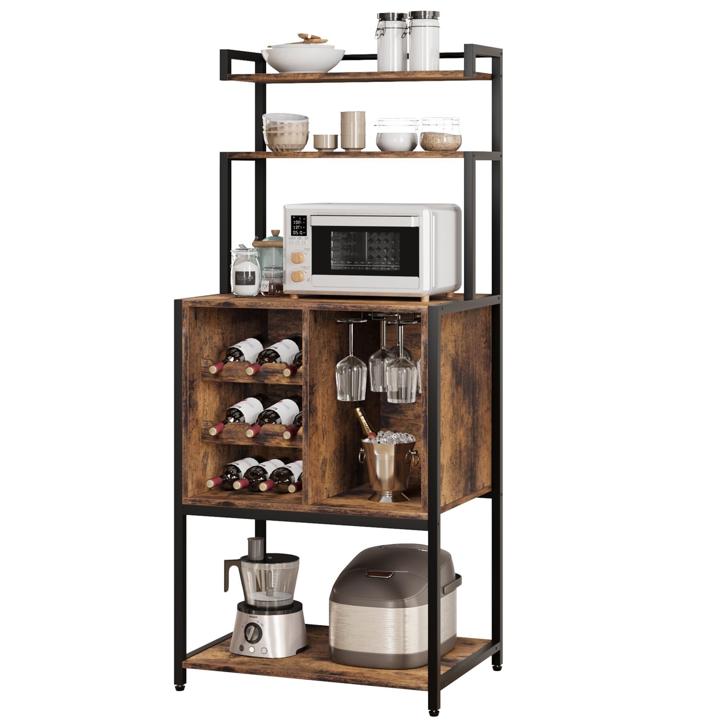 Emorefun Tall Wine Rack Freestanding Floor, 5-Tier Wine Baker Rack with Glass Holder & Wine Storage, Industrial Liquor Storage Cabinet for Kitchen, Bar, Dining Room, Rustic Brown