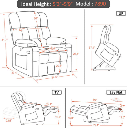 MCombo Dual Motor Power Lift Recliner Chair with Massage and Heat for Elderly People, Infinite Position, USB Ports, Cup Holders, Fabric 7890 (Medium-Regular, Dark Grey)