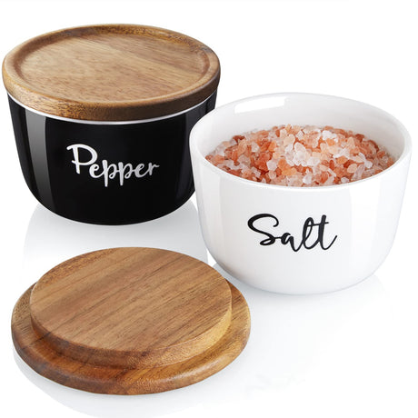 DAYYET Salt and Pepper Bowls, 10 oz Salt Cellar with Lid, Stacked Ceramic Salt Pepper Container with Acacia Wood Lid, Salt Box for Countertop, Black and White Kitchen Decor, Set of 2 DAYYET