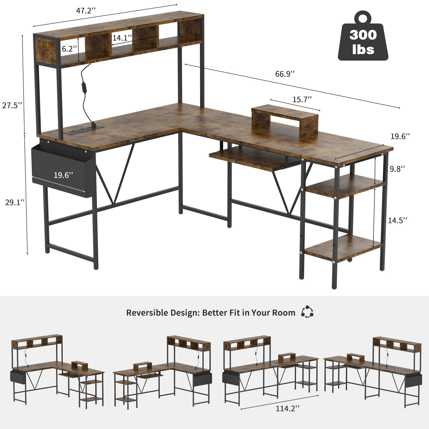 Homall L Shaped Gaming Desk with Power Outlets&LED Lights, Reversible Corner Computer Desk with Monitor Stand, Keyboard Tray, Shelves, Storage Bag, 67'' PC Table for Office Workstation (Rustic Brown)