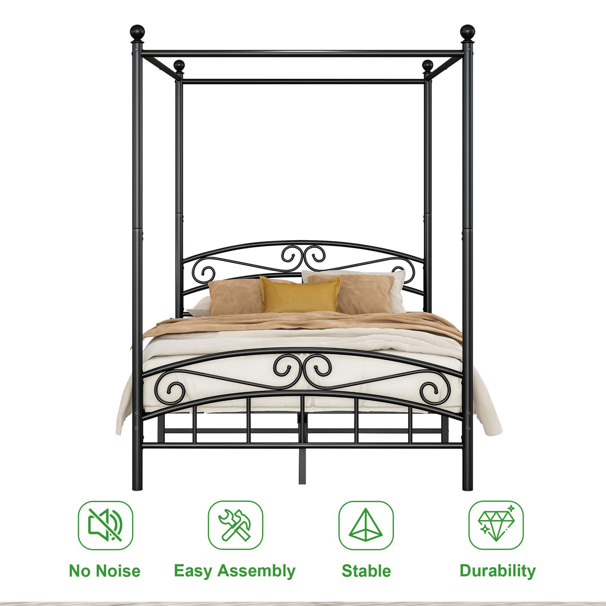 ARFARLY Full Size Bed Frame Four-Poster Metal Canopy Bed Frame Full with Headboard and Footboard Sturdy Slatted Structure No Box Spring Needed Black ARFARLY