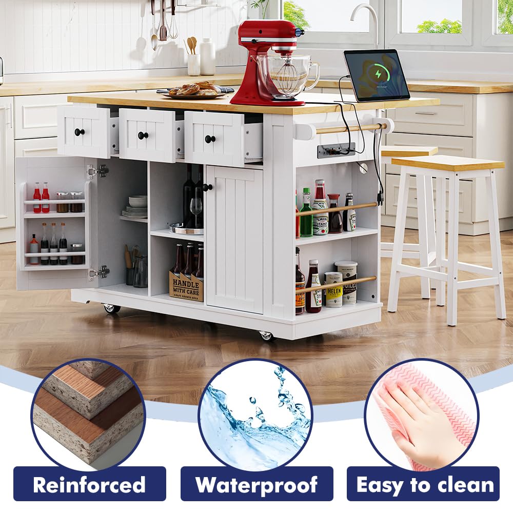 Kennkari Rolling Kitchen Island on Wheels with Drop Leaf, Wide Moblie Kitchen Island with Storage Cabinets and Power Outlet, Large Island Table with Towel Rack and Spice Rack (White) Kennkari