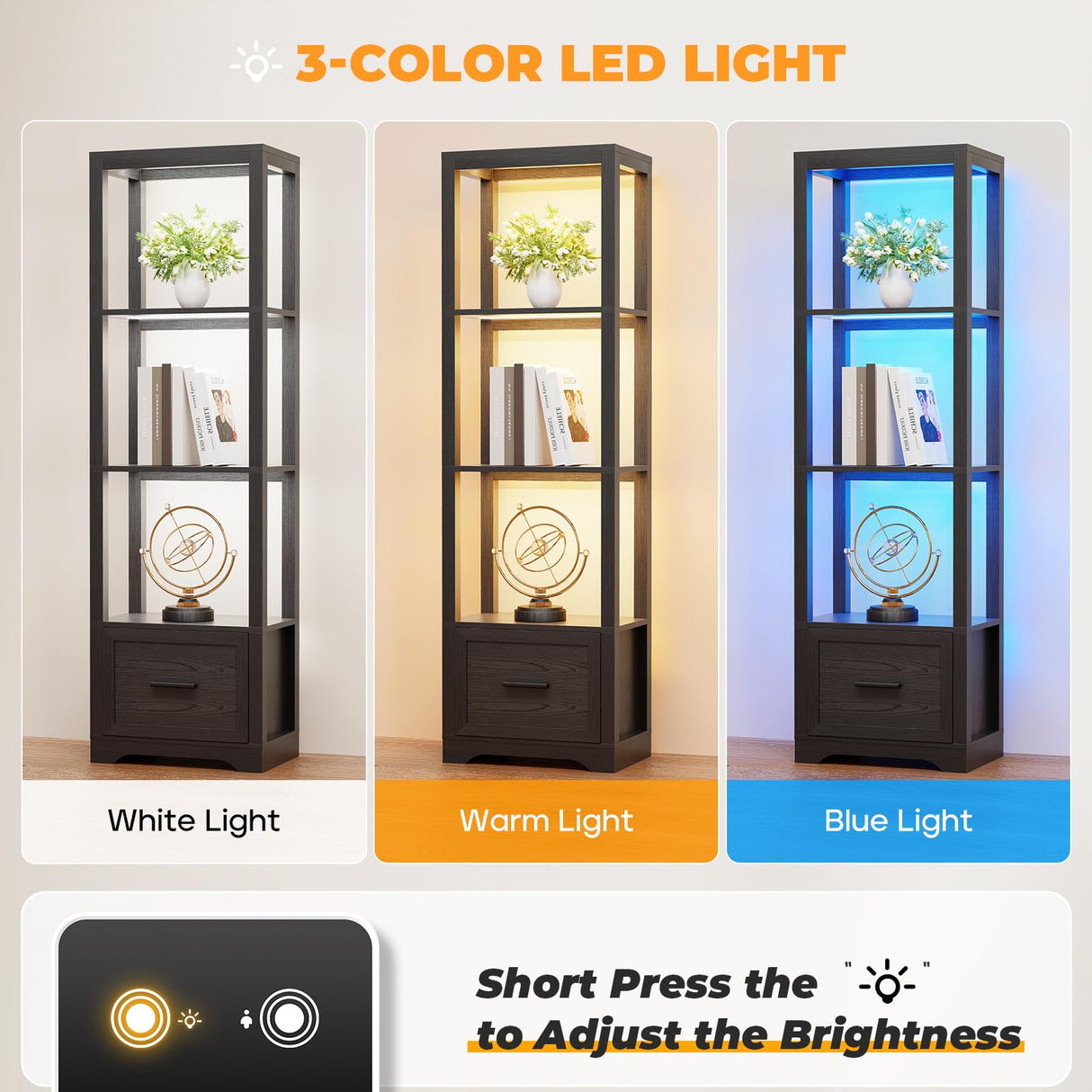 BROTTAR Display Shelf with 3 Color Light, Bookshelf with Drawer, Dimmable LED Floor Lamp with Shelves, Display Case, Display Standing Shelf Unit for Bedroom, Living Room, Black BROTTAR