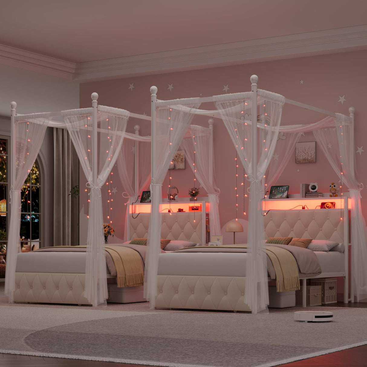 HIFIT Kids Twin Upholstered LED Canopy Bed Frame with Storage and Charging Station, Button Tufted Storage Headboard with Bookshelf, Two-Use Girls Metal Platform Bed, 4 Removable Post & 2 Drawer, Beige HIFIT