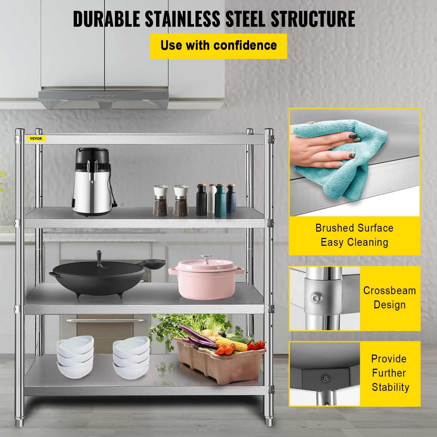 VBENLEM Stainless Steel Shelving 46.8x18.5 Inch 4 Tier Adjustable Shelf Storage Unit Stainless Steel Heavy Duty Shelving for Kitchen Commercial Office Garage Storage 330lb Per Shelf