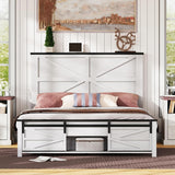 AMERLIFE 48.8" Farmhouse Wood Bed Frame Queen Size with Sliding Barn Door Storage Cabinets and Headboard, No Box Spring Needed, Solid Wood Slats Support,No Squeak,Antique White AMERLIFE