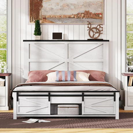 AMERLIFE 48.8" Farmhouse Wood Bed Frame Queen Size with Sliding Barn Door Storage Cabinets and Headboard, No Box Spring Needed, Solid Wood Slats Support,No Squeak,Antique White AMERLIFE