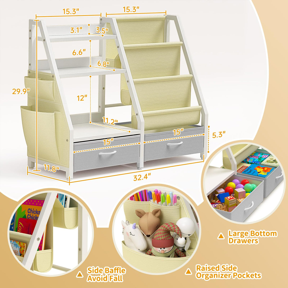 Twinkoo Kids Bookshelf and Toy Organizer, Sturdy 3 Tier Kids Bookcase, Sling Bookshelf and 2 Toy Bins, Toddler Montessori Book Shelf with Toy Storage Organizer for Children Room, Playroom, Nursery Twinkoo