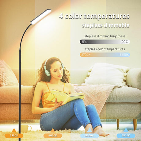 Yikuneng Dimmable LED Floor Lamp, Super Bright Reading Lamps Floor Standing lamp with Remote & Touch Control, Stepless Dimming & 2700K-6500K Color Temperature, for Living Room Bedroom Office, Black Yikuneng