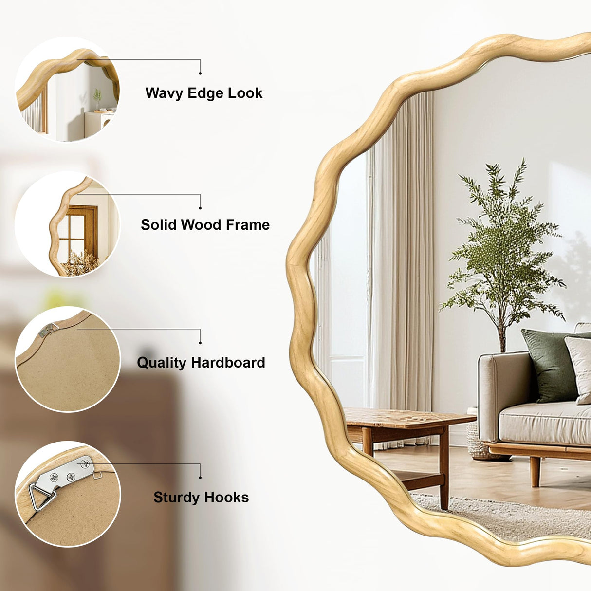 Circle Wood Mirrors for Wall, Wavy Round Bathroom Scalloped Mirror Wooden Frame 24 Inch for Living Room Farmhouse Bedroom Hallway Entryway Living Room with Shatterproof Glass Wall Mounted FGU