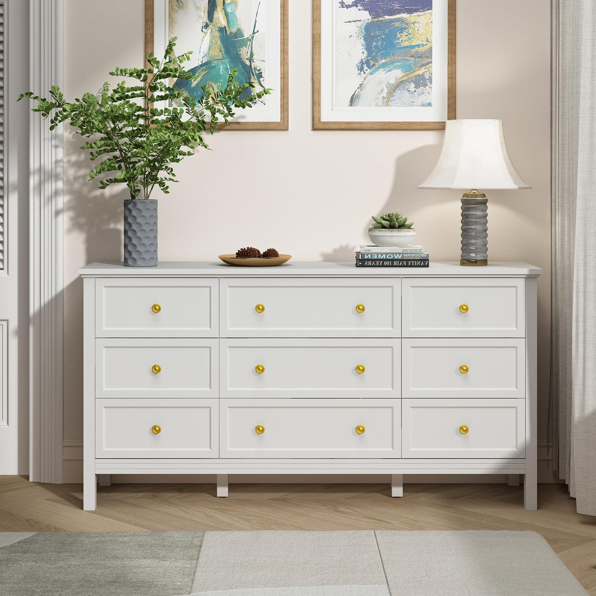 CARPETNAL 9 Drawer White Dresser for Bedroom with Deep Drawers, Large Dressers & Chest of Drawers With Gold Handle, Modern Long Dressers for Closet Bedroom, Living Room (59.25" W x 15.75" D x 30.9" H) CARPETNAL