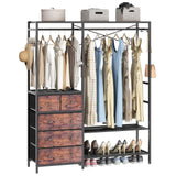 Auromie Clothes Rack with 5 Drawers & 4 Storage Shelves, 59.1W*70.9H Heavy Duty Clothing Rack with 2 Hanging Rods, Wardrobe Closet Organizer System with 5 Hooks, Freestanding Garment Rack (Rustic) Auromie
