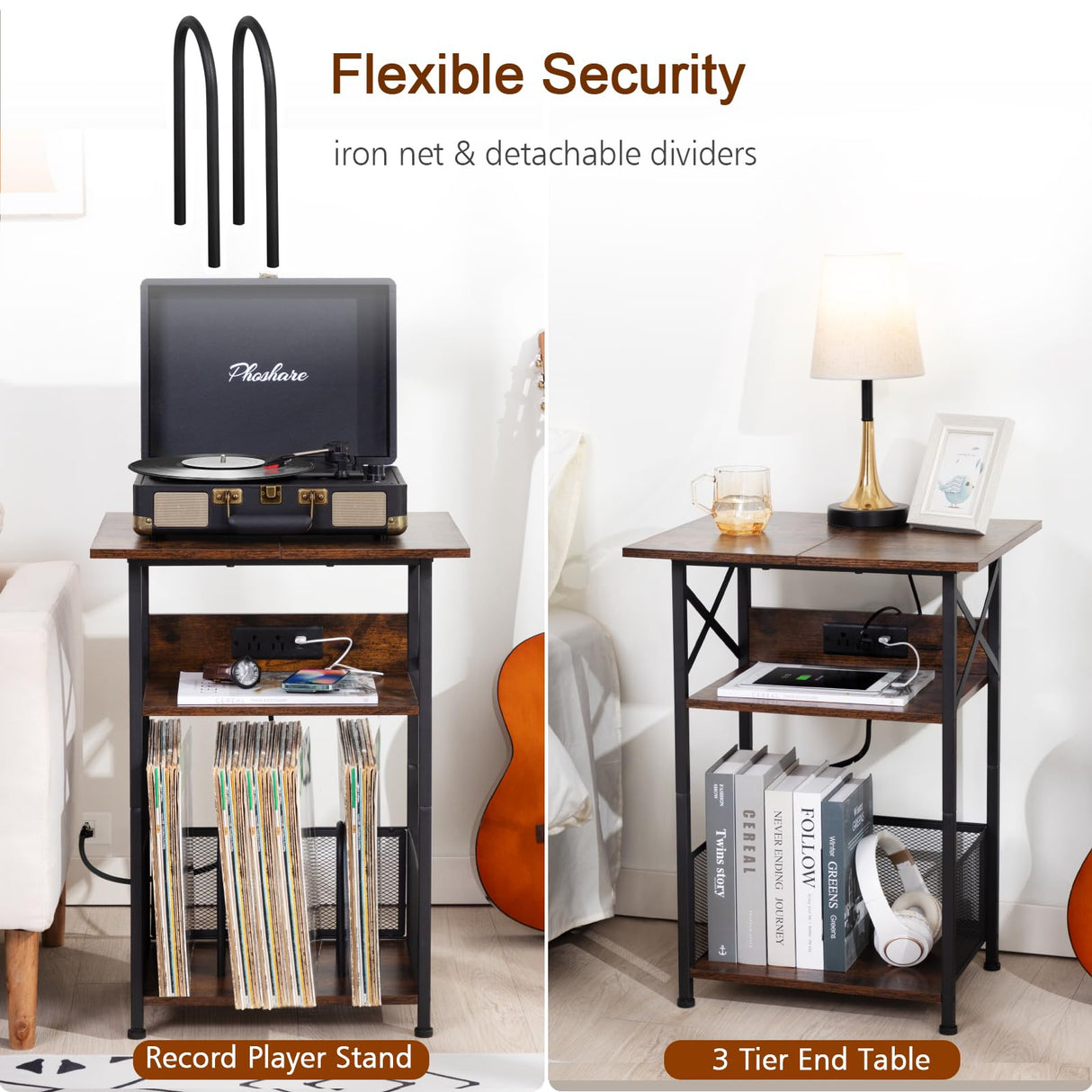 AMHANCIBLE Record Player Stand with Charging Station, Large Turntable Stand with Storage Cabinet, 3 Tier End Table Hold Up to 100 Albums, Record Stand for Vinyl, Living Room, Brown, HETCD012BR-1 AMHANCIBLE