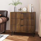 Smart FENDEE Fluted 3 Drawers Dresser, 31.5“ W Mid- Century Modern Wooden Chest of Drawers, Large Night Stand Organizer for Bedroom, Closet, Hallway, Entryway, Walnut Smart FENDEE